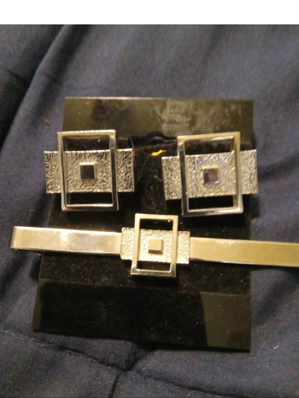SWANK Silver Geometric Cufflinks and Tie Bar Set
